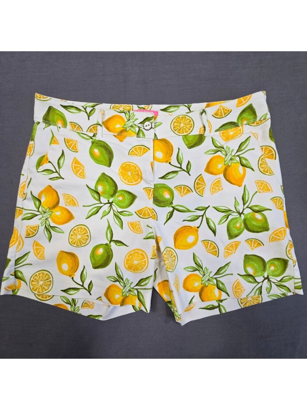 Isaac Mizrahi Lemon Print Chino Shorts Size 14 White Green Yellow